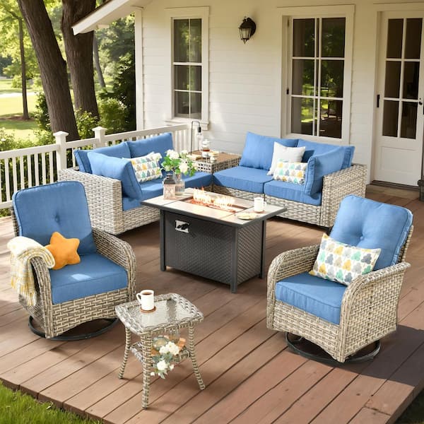 Toject Savona 9-Piece Wicker Outdoor Patio Conversation Sofa Sectional Seating Set with Metal Fire Pit and Blue Cushions