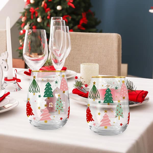 Wudkey 17 oz. Christmas Stemless Wine Glasses with Gold Rim (Set of 2) Boho Christmas Tree Drinking Glasses