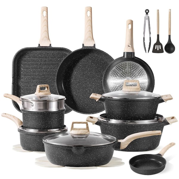 26-Piece Pots and Pans Set, Nonstick Granite Cookware Set in Black, Frying Pans & Saucepans & Grill Pan