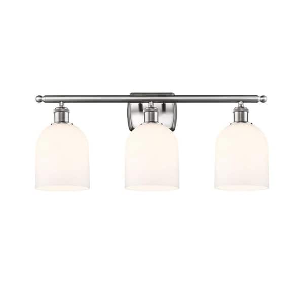 Bella 25.5 in. 3-Light Brushed Satin Nickel Vanity Light with Glass Shade