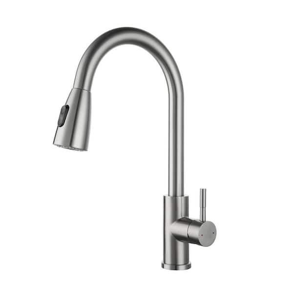 15.67 in Single Handle 360° Spout Swivel Pull Out Sprayer Kitchen Faucet in Stainless Steel in Brushed Nickel