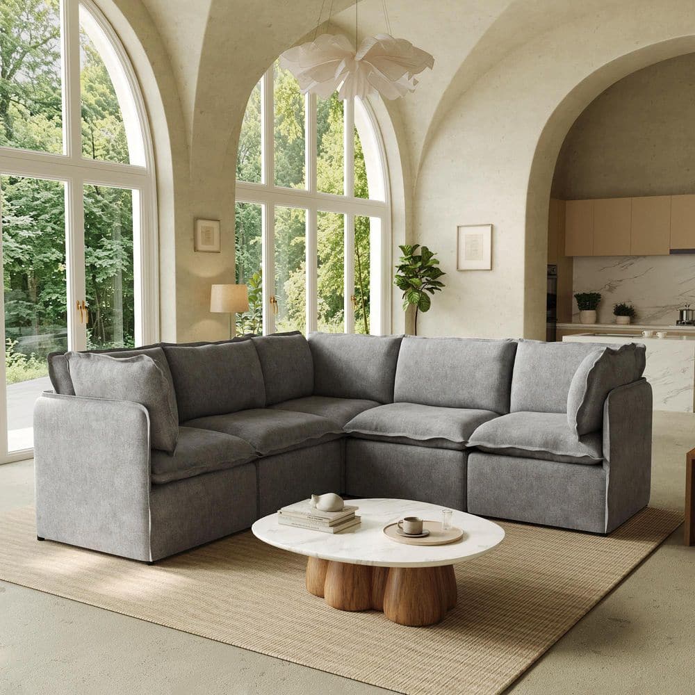 Modular 96 in. Steel 5-Piece Polyester Modern Sectional Sofa w/ Washable Cover, Portable for Rentals Living Room in Gray