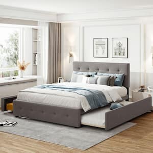 Light Gray Wood Frame Queen Size Platform Bed with 2-Drawers and Twin XL Trundle