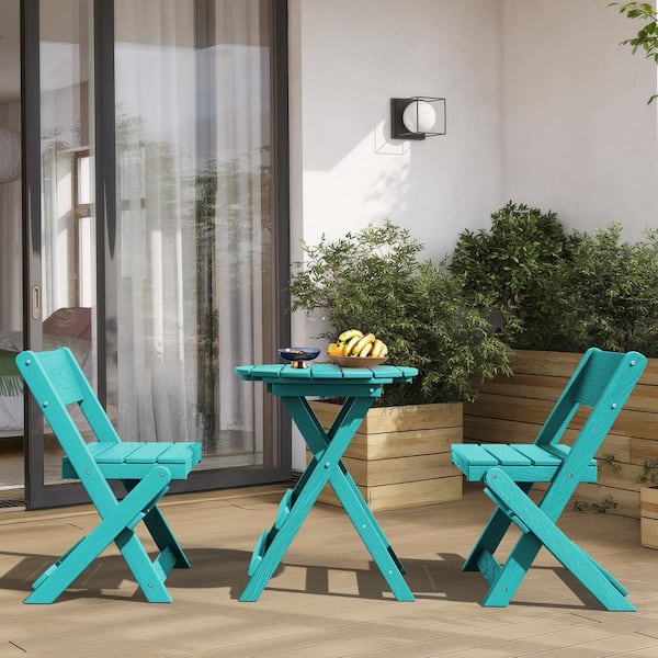 HDPE Foldable 3-Piece Plastic Outdoor Bistro Set in Tiffany Blue
