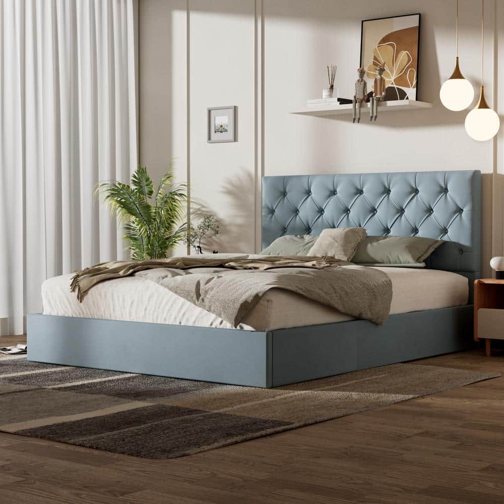 Aqua Blue Frame Queen Size Upholstered Platform Bed with Lift-up Storage Supported by Metal and Wooden Slats price history on PriceWatchPro