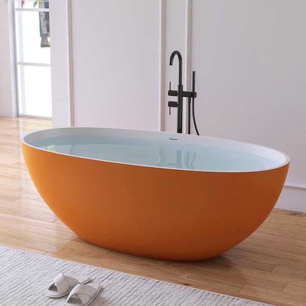Eaton 61 in. x 30 in. Stone Resin Solid Surface Flatbottom Freestanding Soaking Bathtub in White Inside and Gold Outside