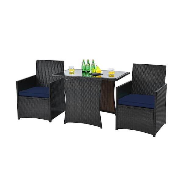 Gymax 3-Piece Wicker Outdoor Dining Patio Bistro Set PE Rattan Dining Table Set with Navy Cushions (3-Pack)