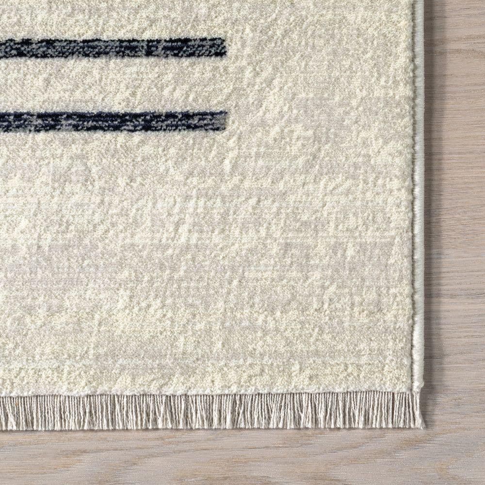Keeva Modern Striped Fringe Beige and Black Synthetic Area Rug 8' x 10'