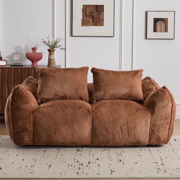 75.2 in. W Round Arm Artificial Rabbit Fur Rectangle Sofa in Brown with 2-Pillows, Compressed and No Assembly Required