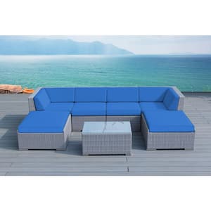 Gray 7-Piece Wicker Patio Seating Set with Supercrylic Blue Cushions