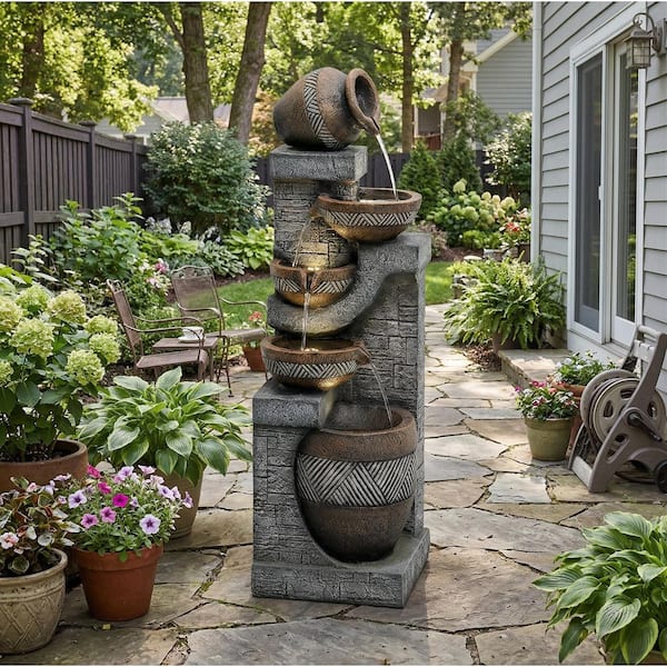 Rustic 42. 5in. H Polyresin 5-Bowl Tiered Fountain with LED Light for Garden, Patio, Deck, Porch, Backyard, Home Decor