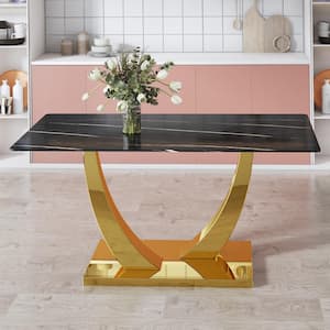 Modern Rectangle Black Glass Pedestal Dining Table Seats for 6 (63.00 in. L x 30.00 in. H)