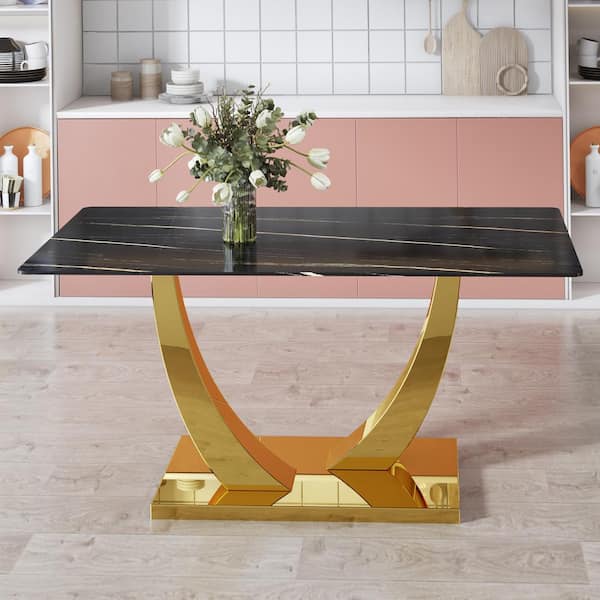 Polibi Modern Rectangle Black Glass Pedestal Dining Table Seats for 6 (63.00 in. L x 30.00 in. H)