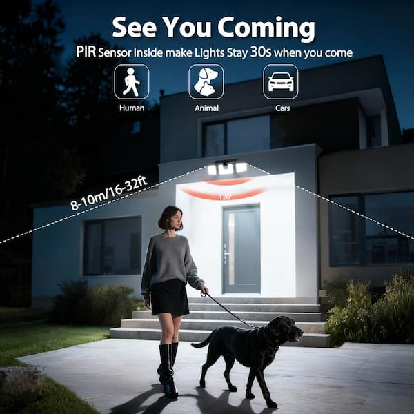 8-Watt Black 3000-Lumen LED Solar Motion Sensor Security Light with 3-Adjustable Heads IP65 for Garage (4-Pack)