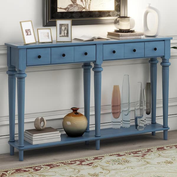 Qualler 59.8 in. Navy Blue Rectangle MDF Console Table with 4-Drawers and Open Shelf