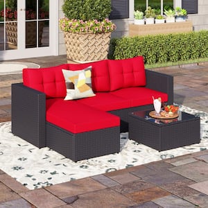 Black Rattan Wicker 3 Seat 3-Piece Steel Outdoor Patio Sectional Set with Red Cushions and Coffee Table