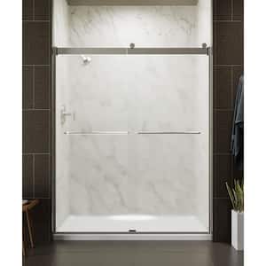 Levity 59.625 in. W x 74 in. H Sliding Frameless Shower Door in Nickel with Towel Bar