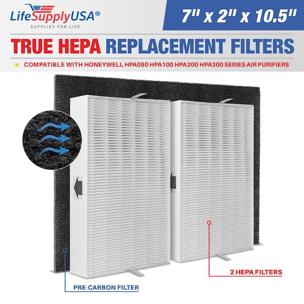 LifeSupplyUSA Complete Filter Set (1 True HEPA Replacement and 1 Carbon Filter) Compatible with Honeywell HPA090 HPA100 HPA200 HPA300