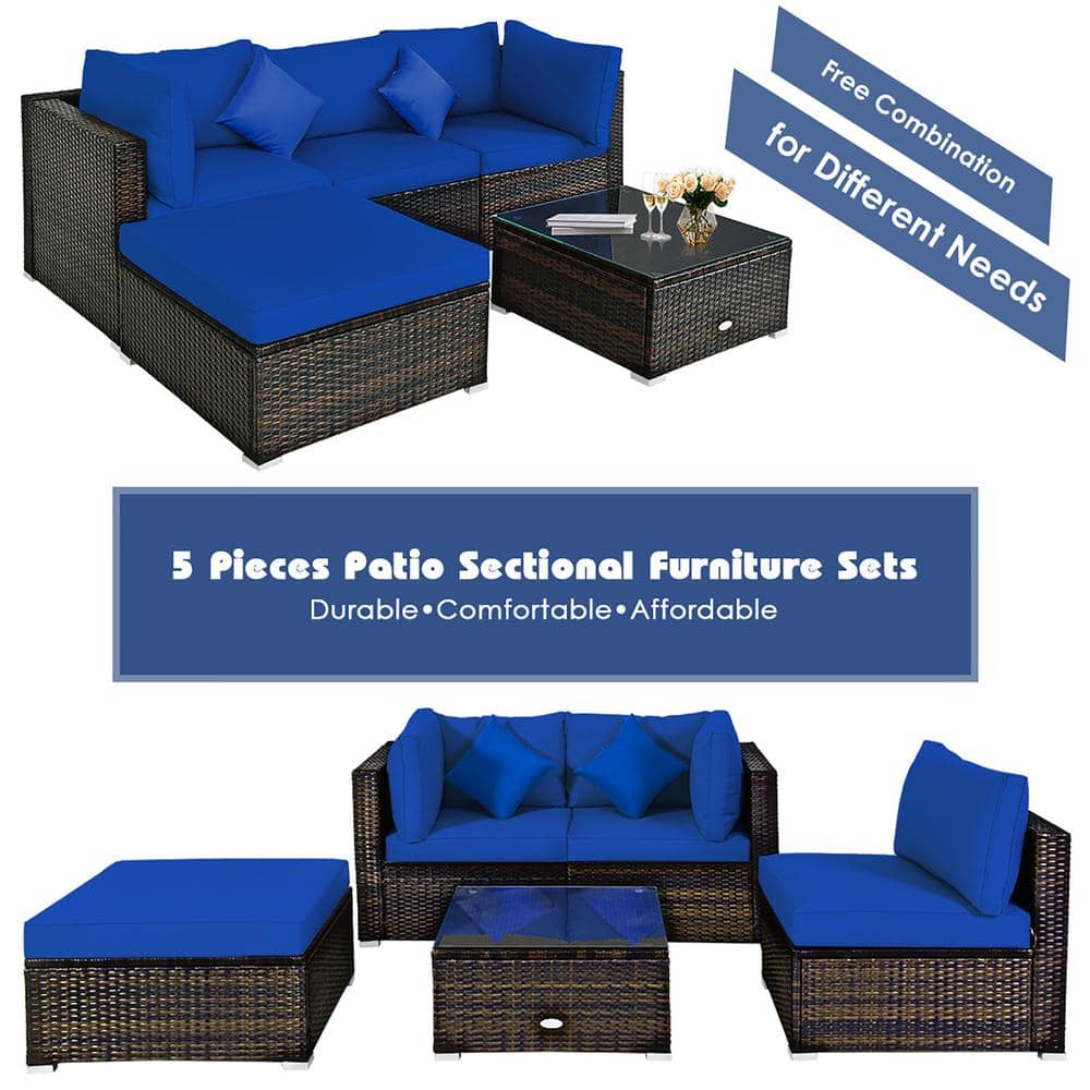 Navy Cushioned 5-Piece Brown Steel Patio Seating Set