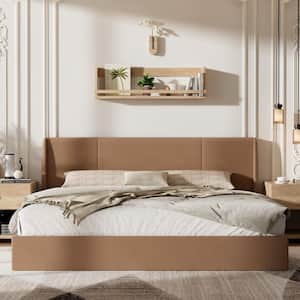 Brown Frame King Size Wingback Upholstered Platform Bed with Lift-up Storage Supported by Metal and Wooden Slats
