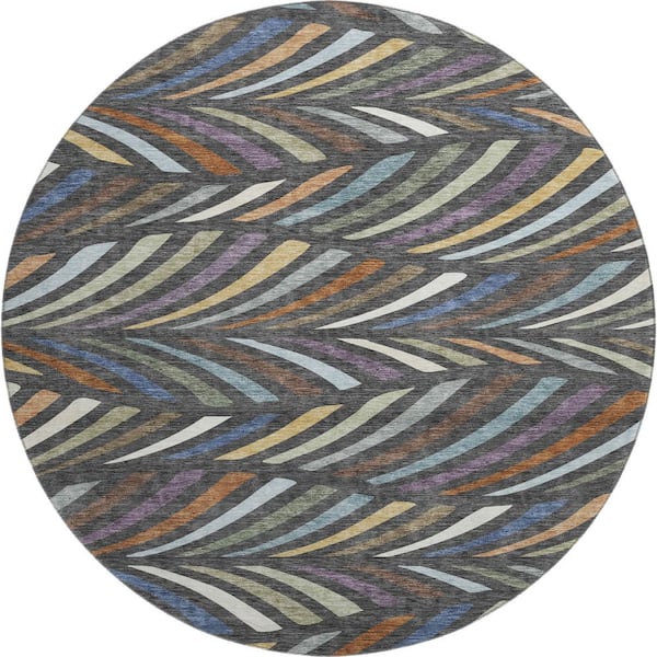 Mayfield Premium Machine Washable Abstract AMF2475 Charcoal 8 ft. x 8 ft. Round Rug