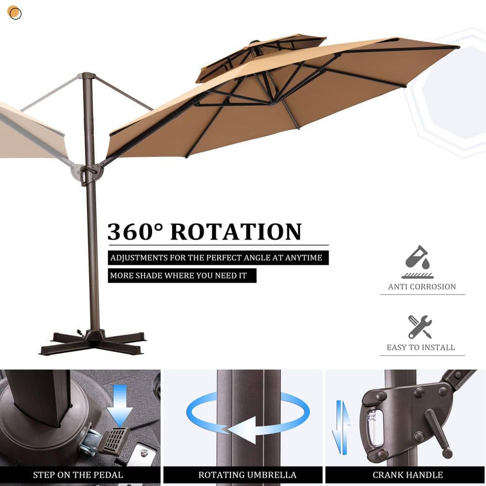 Tan 11 ft. Round Heavy-Duty Cantilever Patio Umbrella with Double Top