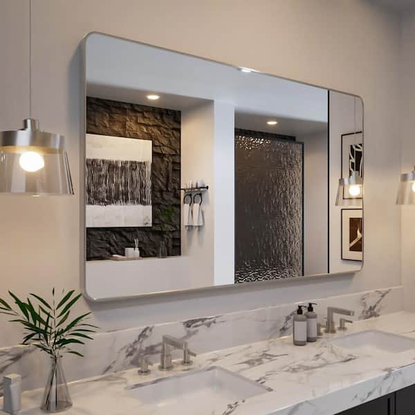 Rivo 60 in. W x 36 in. H Tempered Glass Brushed Nickel Rectangular Framed Wall Bathroom Vanity Mirror