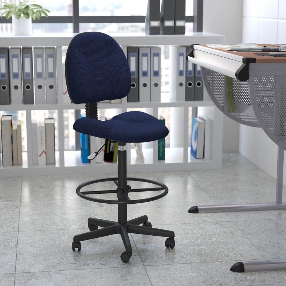 Navy Blue Fabric Swivel Drafting Chair with Adjustable Foot Ring