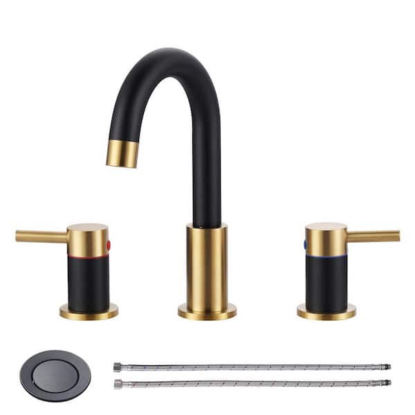 8 in. Widespread Double Handle Bathroom Faucet with Pop-Up Drain in Black and Gold