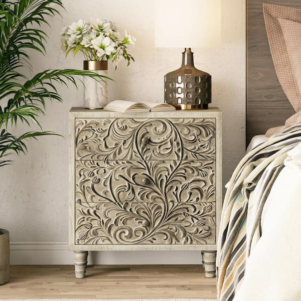 FUIN Farmhouse White 3-Drawers 25 in. Wide Dresser with Embossed Weathered Flower Motif