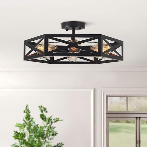 19.69 in. 6-Light Black Modern Industrial Metal Hexagonal Semi-Flush Mount Ceiling Light