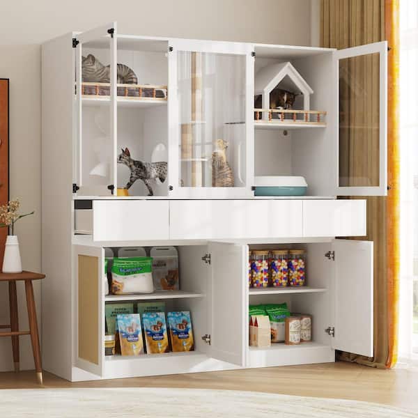 2-in-1 Storage Cabinet and Cat Litter Box Enclosure Cat Bed with Scratching Pad, Large Cat House with 3 Drawers, White