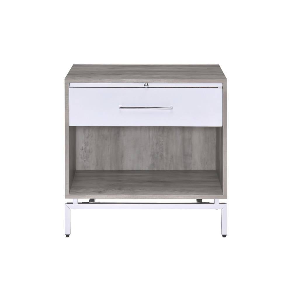 Weathered Gray Oak & White Metal Accent Table with Storage