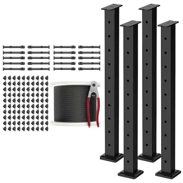 4 in. x 36 in. Cable Railing Post Kits Fixed Top System 4 Pack Black Level Drilled Posts 1/8 Wire Rope Stainless Steel