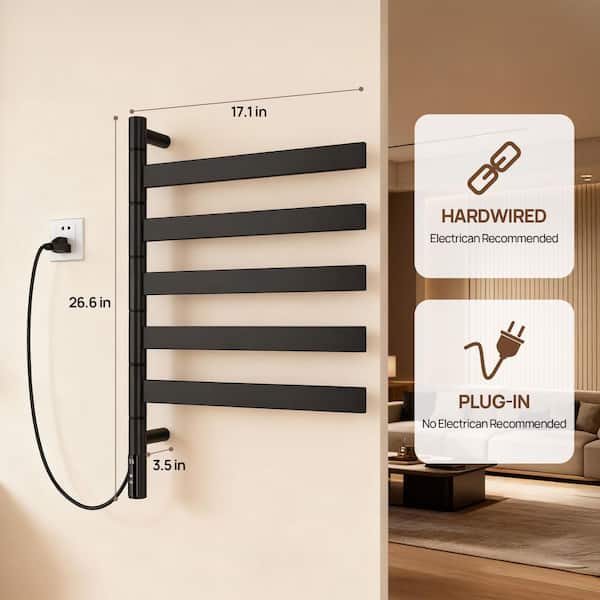 Electric Towel Warmer with LED Display 5-Bar Wall Mounted Swivel Towel Rack for Bathroom in Black
