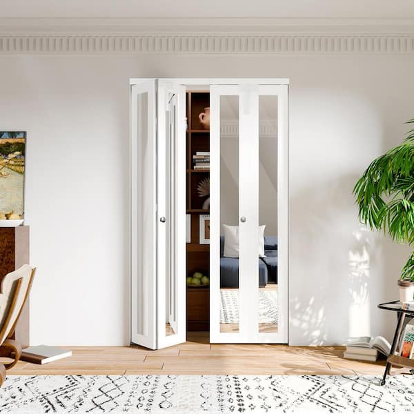 48 in. x 80 in. Full Lite Mirrored Glass Solid Core White PVC Covering MDF Bi-fold Door with Locks and Handles
