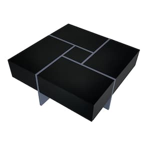 31.5 in. Black Square Particle Board Top Coffee Table with 4 Hidden Storage Compartments and Extendable Sliding Tabletop