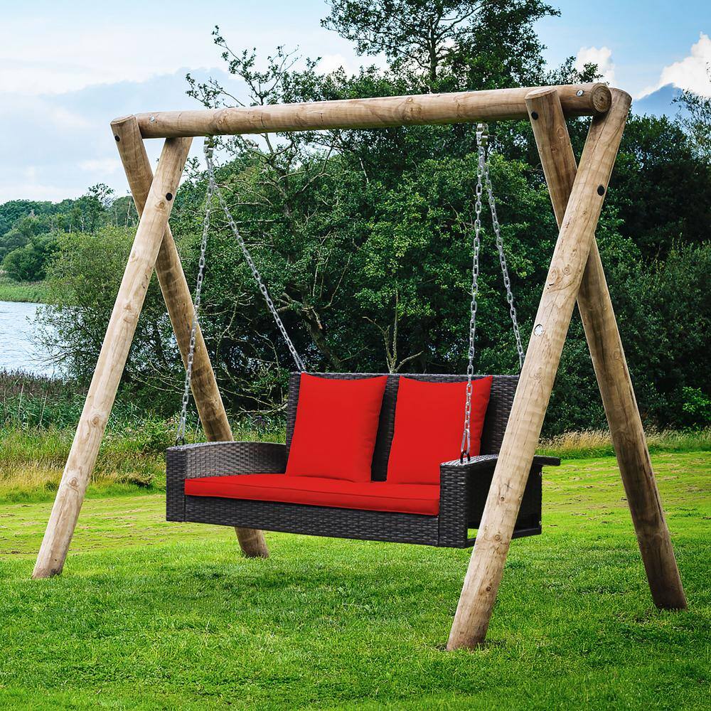 Red 2-Person Rattan Porch Swing with Cushions