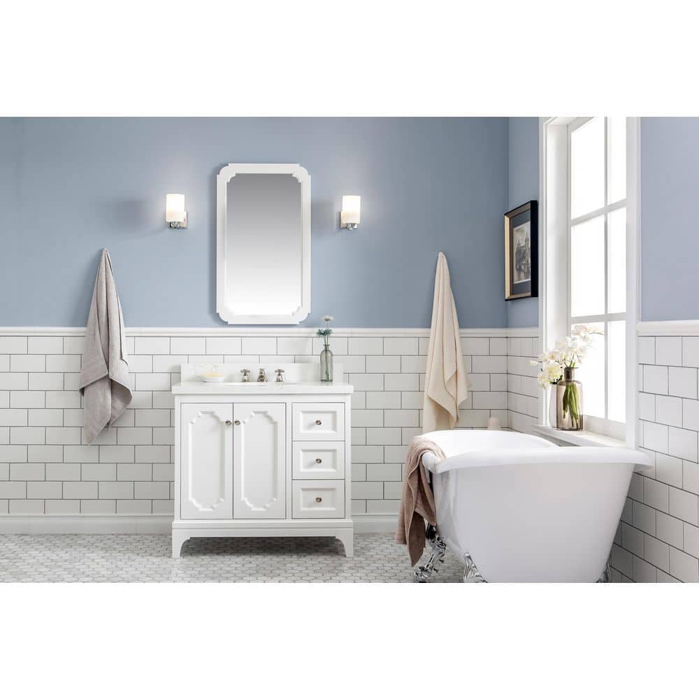 Queen 36 in. Bath Vanity in Pure White with Quartz Carrara Vanity Top with Ceramics White Basins and Mirror price history on PriceWatchPro