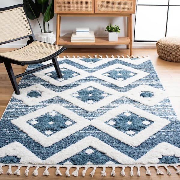 Moroccan Tassel Shag 7 ft.  x 9 ft.  Blue/Ivory Tribal Area Rug