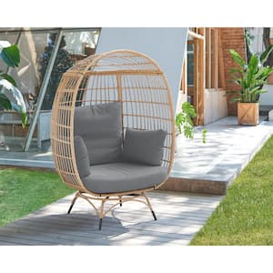 Freestanding Steel and Rattan Outdoor Egg Chair with Cushions in Gray Oversized Outdoor Lounger for Patio, Backyard