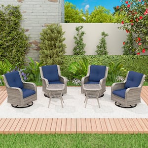 Gray 6-Piece Rattan Wicker Patio Conversation Set with Blue Cushions Garden Lawn