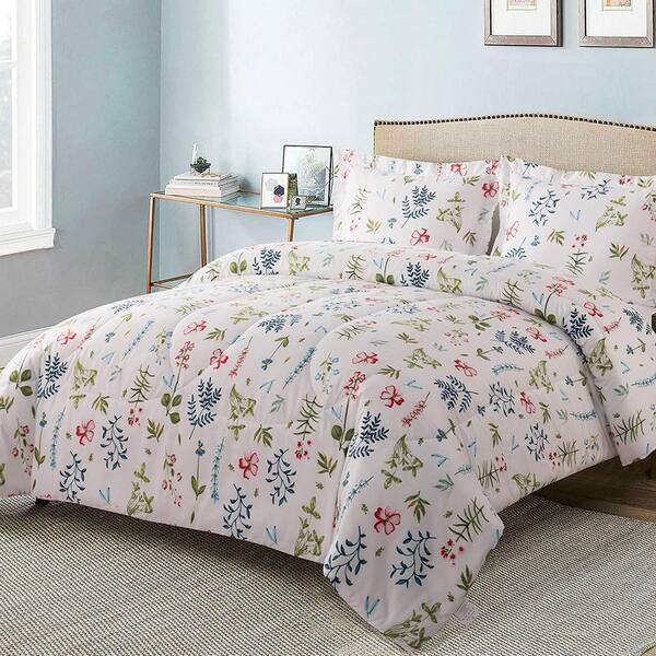 Shatex 3-Piece Flower Bud Microfiber Queen Comforter Set Printed Comforter with 2-Pillow Shams