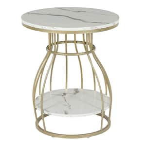Andrea 19.7 in. White Faux Marble Round Wood End Table with Storage Shelf, Modern Sofa Side Table with Metal Base