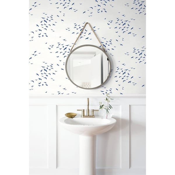 Navy Blue Birds in Flight Vinyl Peel and Stick Wallpaper Roll 40.5 sq. ft.