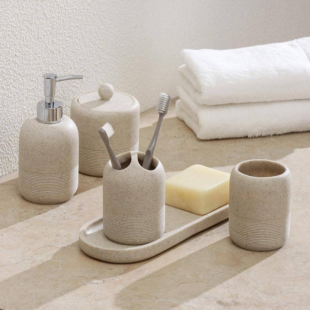 Beige Bathroom Accessory Set 5-Piece Ensemble with Lotion Dispenser, Toothb