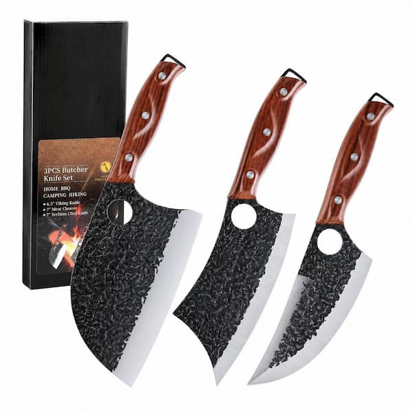 Stainless Steel Full Tang Hand Forged Finger Hole Butcher Meat Cleaver Chef Viking Knife Set with Plastic Handle (3pcs)