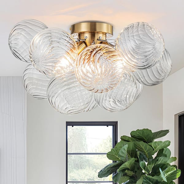 TinHon 18.5 in. Gold Flush Mount Ceiling Light w/ 13-Swirl Glass Globes, Elegant Modern Fixture for Bedroom,Hallway,Living Room