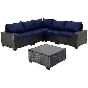 Dark Coffee 6-Piece Wicker Outdoor Patio Conversation Set with Glass Top Table and Dark Blue Cushions