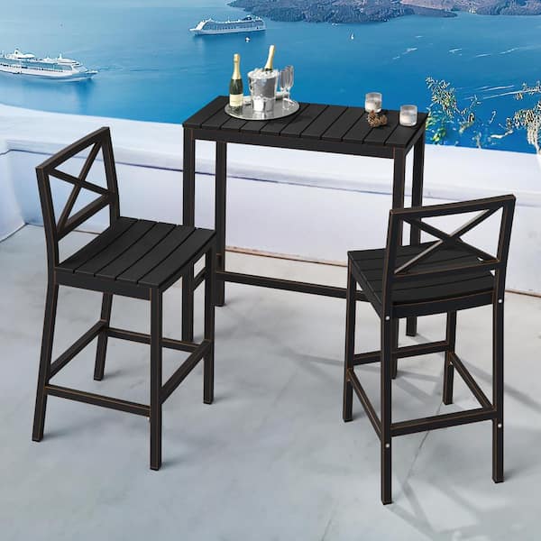 LUE BONA Humphrey 3 Piece 39 in. Black Alu Outdoor Patio Dining Set Pub Height Bar Table Plastic Top With Armless Bar Stools